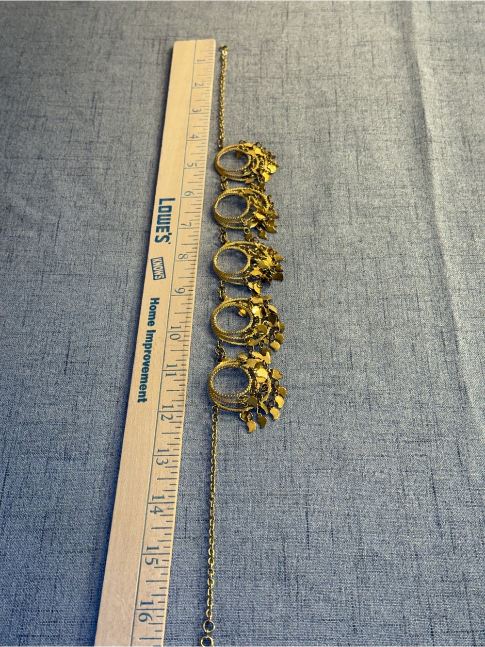 Vintage 1960s Gold Tone Boho Bib Necklace, Textured Circles & Leaf Fringe Charms - Picture 10 of 11